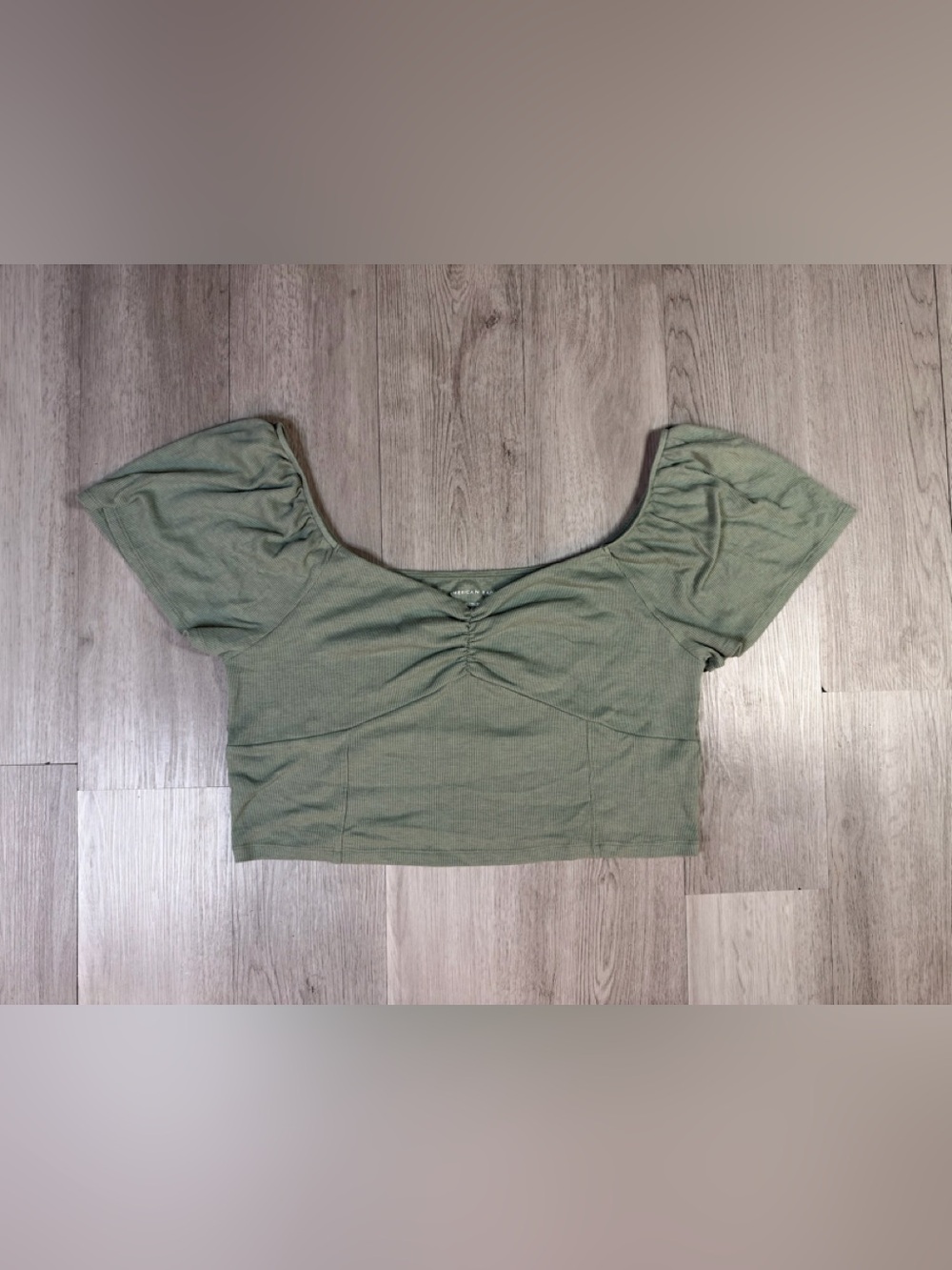 American Eagle Women’s Sage Green Ribbed Knit Shirt Sleeve Puff Crop Top XL